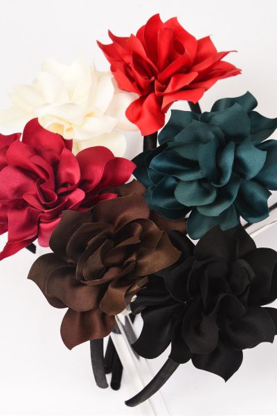 Headband Horseshoe Satin Silky Flower Dark Multi / 12 pcs = Dozen Bow-tie Size - 4.5" , 2 Black , 2 Burgundy , 2 Brown , 2 Huntergreen , 2 Beige , 2 Autumn Orange Color Asst , Hang Tag & UPC Code , Clear Box