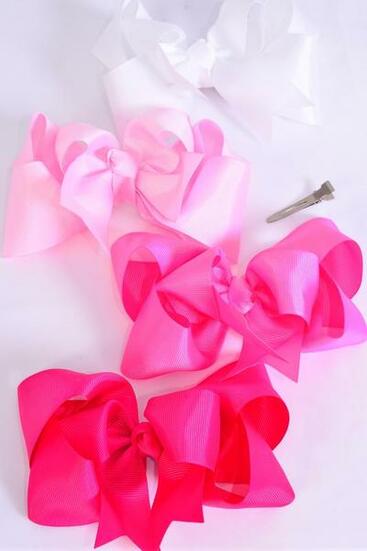 Hair Bow Jumbo Double Layered Pink Mix Grosgrain Bow-tie / 12 pcs Bow = Dozen Alligator Clip , Size - 6" x 6" Wide , 3 White , 3 Pearl Pink , 3 Hot Pink , 3 Fuchsia Color Asst , Clip Strip & UPC Code