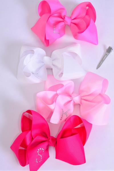 Hair Bow Jumbo Bow Initial Studded Pink Mix Grosgrain Bow-tie/ 12 pcs = Dozen  Alligator Clip , Size - 6" x 5" Wide , 3 Fuchsia , 3 Hot Pink , 3 Baby Pink , 3 Whiter Mix , Clip Strip & UPC Code