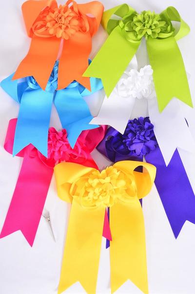 Hair Bow Jumbo Long Tail Center Large Flower Grosgrain Bow-tie / 12 pcs Bow = Dozen  Alligator Clip , Size - 6.5" x 6" , 2 White , 2 Hot Pink , 2 Blue , 2 Purple , 2 Yellow , 1 Orange , 1 Lime Color Asst , Clip Strip & UPC Code