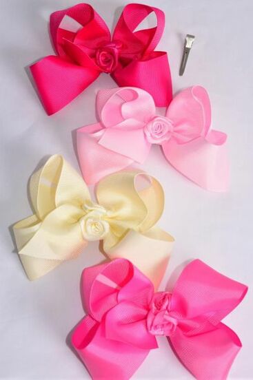 Hair Bow Jumbo Center Satin Roses Grosgrain Bow-tie Pink Mix / 12 pcs Bow = Dozen Alligator Clip , Size - 6" x 5" Wide , 3 Ivory , 3 Baby Pink , 3 Hot Pink , 3 Fuchsia Color Asst , Clip Strip & UPC Code