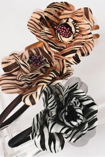 Headband Horseshoe Double Layered Chiffon Satin Zebra Flower / 12 pcs =Dozen Flower Size - 5" Wide ,6 Black , 3 Dark Brown , 3 Light Brown Color Asst , Hang tag & UPC Code ,W Clear Box