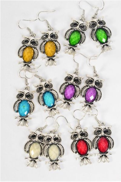 Earrings Metal Antique Owl Poly Stones Marble Look  Multi / 12 pair = Dozen match 70316 25671 Fish Hook , Owl Size -1.25" x 0.75" Wide , 2 of each Color Asst , Earring Card & OPP Bag & UPC Code