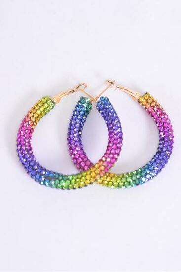 Earrings Loop Iridescent Gradient Rainbow Color Stone Mix / 12 pair = Dozen Post , Size - 1.75" Wide , Earring Card & OPP Bag & UPC Code