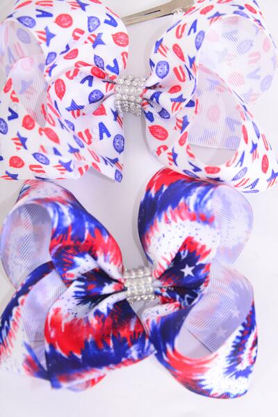 Hair Bow Jumbo 4th of July Patriotic USA Tiedye Mix Grosgrain Bow-tie / 12 pcs Bow = Dozen Alligator Clip , Bow - 6" x 5" Wide , 6 Of Each Pattern Asst , Clip Strip & UPC Code