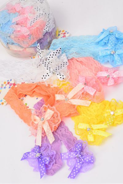 Headband Lace Stretch 24 pcs Lace Flower Polka dots Bow-tie Inner pack have 2 / Drum 12 card = Dozen Stretch , 2 of each Color Asst , Hang Tag & UPC Code , W Clear Box , each Card has 2pcs,12card=Dozen