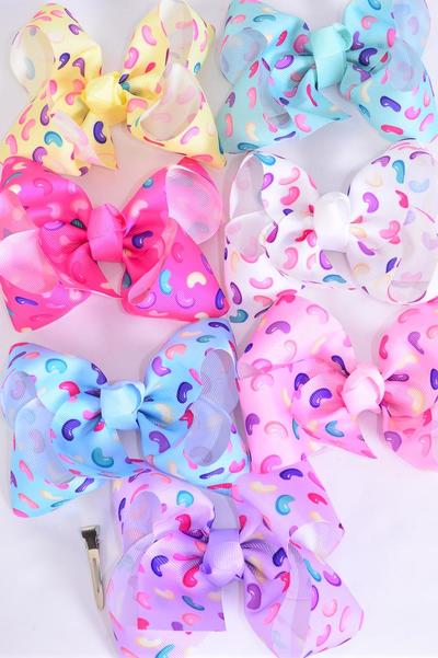 Hair Bow Jumbo Jelly Bean Candies Pastel Grosgrain Bow-tie / 12 pcs Bow = Dozen Alligator Clip , Size - 6" x 5" Wide , 2 White , 2 Pink , 2 Hot Pink , 2 Lavender , 2 Mint Green , 1 Yellow , 1 Blue Color Mix , Clip Strip & UPC Code