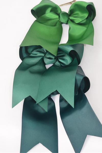 Hair Bow Extra Jumbo Long Tail Cheer Type Bow  Spruces Hunter Forest Green Mix Grosgrain Bow-tie / 12 pcs Bow = Dozen  Alligator Clip , Size - 6.5" x 6" Wide , 4 Spruces , 4 Hunter Green , 4 Forest Green Color Asst , Clip Strip & UPC Code