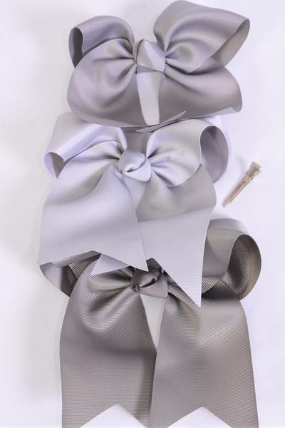 Hair Bow Extra Jumbo Long Tail Cheer Bow type Gray Mix Grosgrain Bow-tie / 12 pcs Bow = Dozen Gray Mix , Alligator Clip, Size - 6.5" x 6" Wide , 4 Shell Gray , 4 Silver , 4 Metal Gray Color Asst , Clip Strip & UPC Code