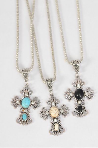 Necklace Silver Chain Cross Semiprecious Stone / 12 pcs = Dozen match 03175 27129 Pendant - 1.75" x 1.25" Wide , 18" Extension Chain , 4 Ivory , 4 Black , 4 Turquoise Asst , Hang Tag & OPP Bag & UPC Code