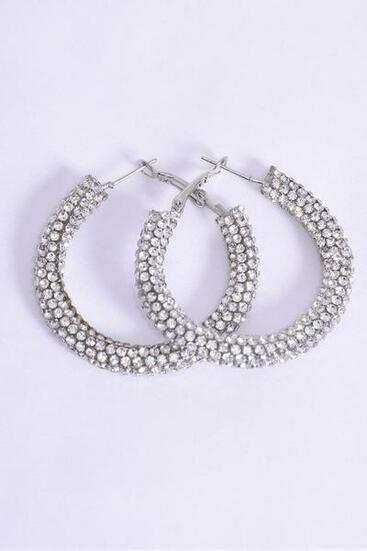 Earrings Iridescent Loop Silver Clear Ston / 12 pair = Dozen Post , Size-1.75" Wide , Earring Card & OPP Bag & UPC Code