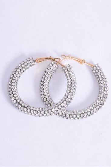 Earrings Loop Gold Clear Stone / 12 pair = Dozen Post , Size - 1.75" Wide , Earring Card & OPP Bag & UPC Code