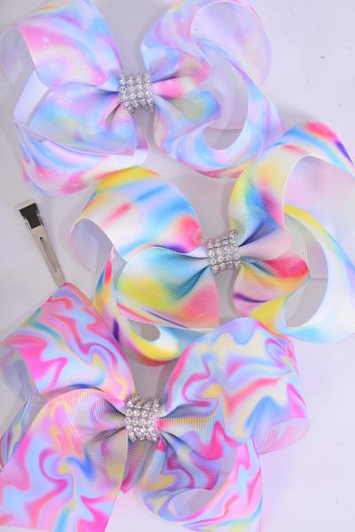 Hair Bow Jumbo Northern Light Tiedye Water Color Grosgrain Bow-tie / 12 pcs Bow = Dozen Alligator Clip , Size - 6" x 5" Wide , 4 OF Each Pattern Asst , Clip Strip and UPC Code