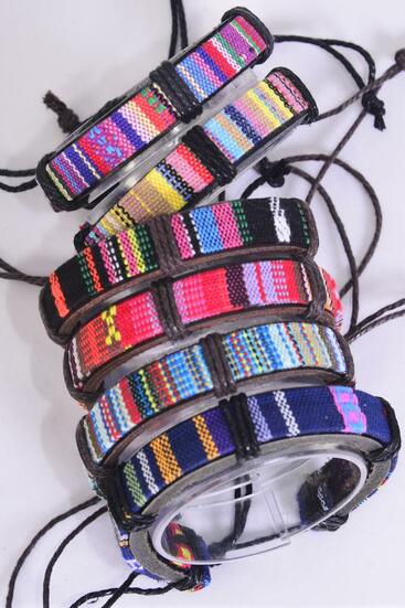 Bracelet Real Leather Band Aztec Geometric Pattern / 12 pcs = Dozen Unisex , Pull-String , Adjustable , 2 of each Pattern Mix , Individual Hang Tag & OPP Bag & UPC Code