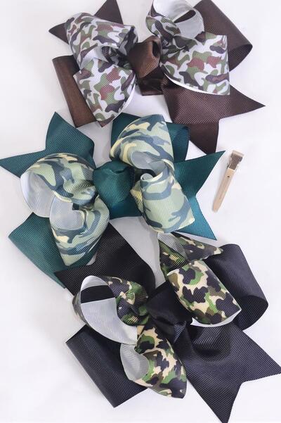 Hair Bow Jumbo Double Layered Camouflage Mix Grosgrain Bow-tie / 12 pcs = Dozen Camo , Alligator Clip , Size - 6" x 5" Wide , 4 of each Pattern Aast , Clip Strip & UPC Code