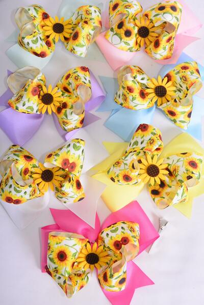 Hair Bow Jumbo Double Layered Sunflower Charm Grosgrain Bow-tie Pastel / 12 pcs Bow = Dozen  Alligator Clip , Size - 6" x 5" Wide , 2 White , 2 Baby Pink , 2 Hot Pink , 2 Lavender , 2 Mint , 1 Yellow ,1 Blue Color Asst , Clip Strip UPC Code