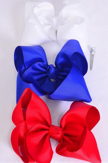 Hair Bow Extra Jumbo Cheer Type Bow Red White Royal Blue Mix Grosgrain Bow-tie / 12 pcs Bow = Dozen Alligator Clip , Bow - 8" x 7" Wide , 4 of each Pattern Asst , Clip Strip & UPC Code