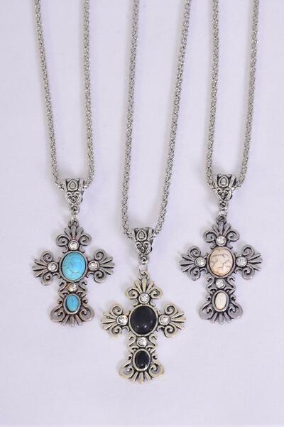 Necklace Silver Chain Cross Semiprecious Stone / 12 pcs = Dozen match 02586  25002 Pendant - 1.75" x 1.25" Wide , 18" Extension Chain , 4 Ivory , 4 Black , 4 Turquoise Asst , Hang Tag & OPP Bag & UPC Code