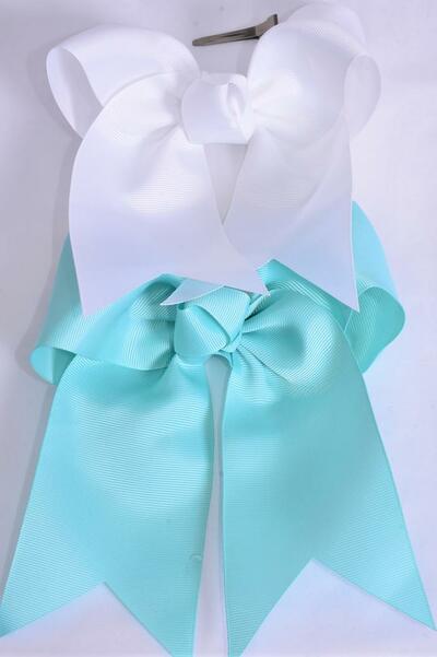 Hair Bow Extra Jumbo Long Tail Cheer Type Bow Mint Green White Mix Grosgrain Bow-tie / 12 pcs Bow = Dozen Alligator Clip , Size - 6.5" x 6" Wide , 6 Mint Green , 6 White Color Asst , Clip Strip & UPC Code