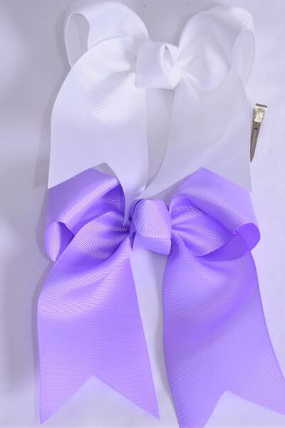 Hair Bow Extra Jumbo Long Tail Cheer Type Bow Lavender White Mix Grosgrain Bow-tie / 12 pcs Bow = Dozen Alligator Clip , Size - 6.5" x 6" Wide , 6 Lavender , 6 white Color Asst , Clip Strip & UPC Code