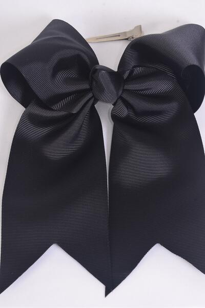 Hair Bow Extra Jumbo Long Tail Cheer Type Bow Black Grosgrain Bow-tie / 12 pcs Bow = Dozen  Black , Alligator Clip , Size - 6.5" x 6" Wide , Clip Strip & UPC Code