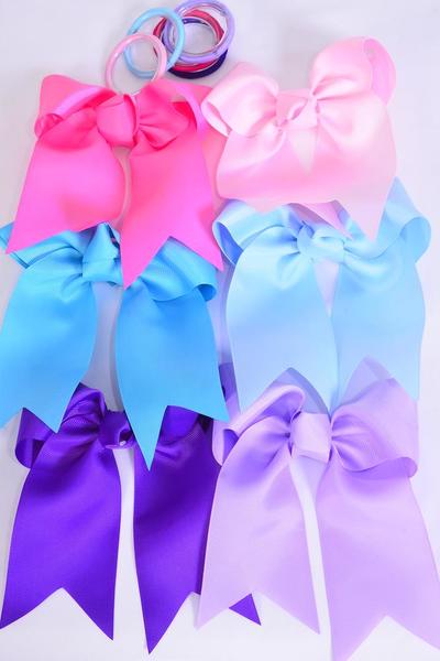 Hair Bow Extra Jumbo Long Tail Cheer Type Bow Elastic  Spring Mix Grosgrain Bow-tie / 12 pcs Bow = Dozen  Spring , Elastic , Size - 6.5" x 6" Wide , 2 Pear Pink , 2 Hot Pink , 2 Lavender , 2 Purple , 2 Light Blue , 2 Blue Mist Mix , Clip Strip and UPC Code