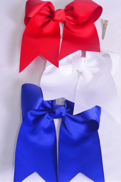Hair Bow Extra Jumbo Long Tail Cheer Type Bow Patriotic Grosgrain Bow-tie Red White Blue Mix / 12 pcs Bow = Dozen Alligator Clip , Size - 6.5" x 6" Wide , 4 of each Pattern Asst , Clip Strip & UPC Code