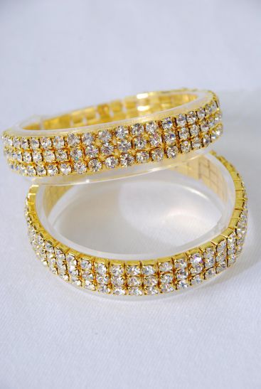 Bracelet 3 String Tennis W Crystals Stretch/PC **Gold** Stretch,with Opp bag & UPC Code -