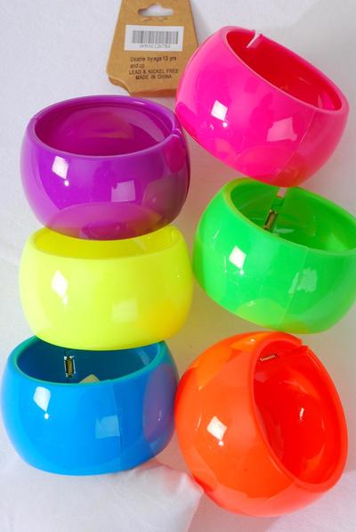 Bracelet Bangle Acrylic Wide Hinge Neon Color Asst / 12 PCS = Dozen Size - 2.75" x 1.75" Dia Wide , 2 of each color Asst , Hang tag & OPP bag & UPC Code 