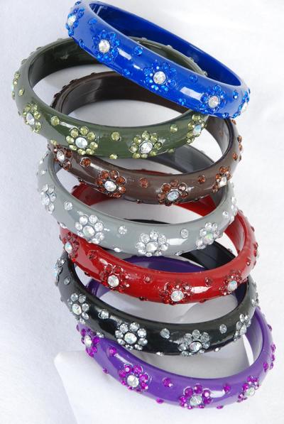 Bracelet Bangle Acrylic Flower Stones All Around / 12 pcs = Dozen Size-0.75"x 2.75" Dia Wide , Choose Colors , Hang Tag & Opp bag & UPC Code 