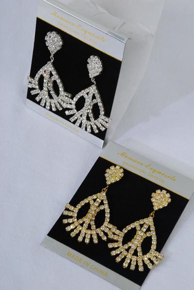 Earrings Boutique Rhinestone Teardrop Dangle Post/PC Post, Size-2.5"x 1.5" Wide, Choose Gold Or Silver finish, Black Velvet Earring Card & OPP Bag & UPC Code -
