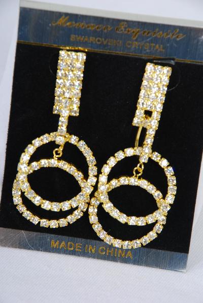 Earrings Boutique Rhinestone 2 Circle Dangles/PC Post, Size-2.5"x 1" Wide, Choose Gold Or Silver, Black Velvet Earring Card Opp Bag & UPC Code