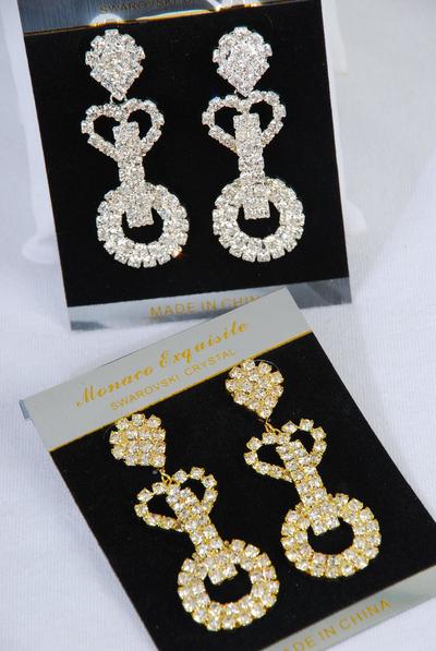 Earrings Boutique Rhinestone Heart & Circle /PC Post, Size-2.5"x 0.75" Wide, Choose Gold Or Silver Finish, Velvet Earring Card & OPP bag & UPC Code