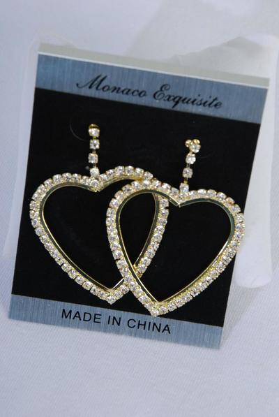 Earrings Boutique Rhinestone Hearts / PC Post , Size - 1.75" x 2.25" Wide , Choose Gold Or Silver Finishes , Velvet earring Card & OPP bag & UPC Code