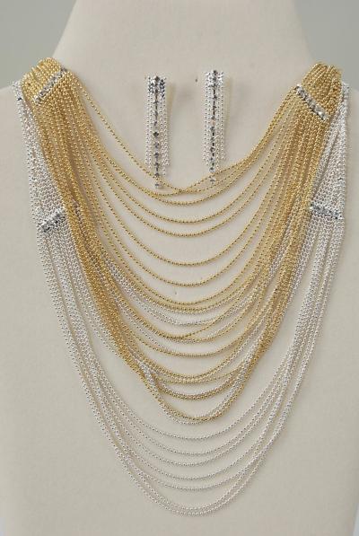 Necklace Sets Strand Mesh With Rhinestones / Sets Post , 18"  W Extenstion Chain , Velvet Display Card & OPP bag & UPC Code , Choose Gold or Silver Finises