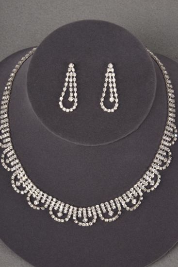 Necklace Sets Silver Rhinestone / Sets Post , 18" w Extension Chain , Black Velvet Display Card & OPP Bag & UPC Code