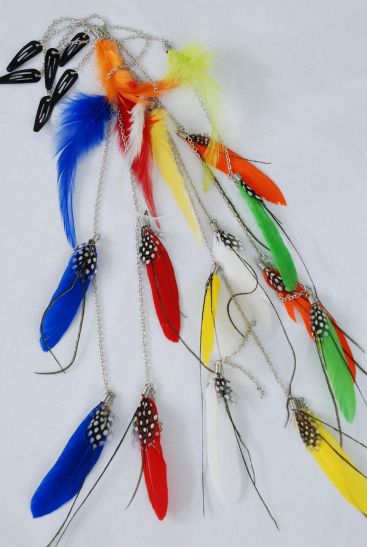 Feather Hair Extensions Bright Color Feathers Multi / 12 pcs = Dozen Size-10" Long , 2 of each Color Asst , Display Card & OPP bag & UPC Code 