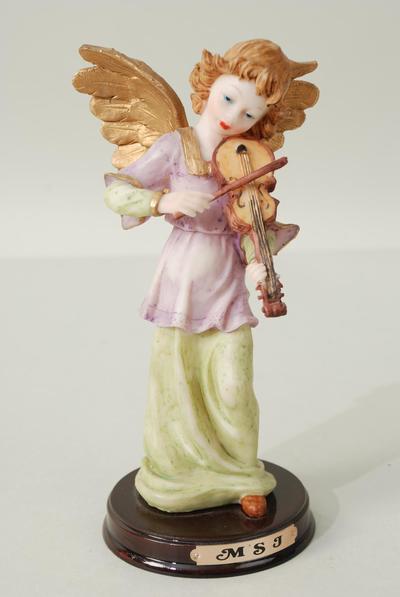Figurine White Angel Playing Violin / PC Size- 4"x 7.5" Wide , Wooden Base , W Gift Box & UPC Code