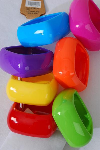 Bracelet Bangle Acrylic Hinge Square Multi / 12 pcs = Dozen Size - 2.75"x 1.25"  Wide , 2 Red , 2 Fuchsia , 2 Yellow , 2 Blue , 2 Purple , 1 Lime , 1 Orange Color Asst , Hang Tag & OPP Bag & UPC Code