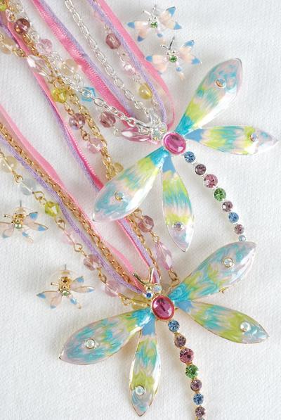 Necklace Sets Dragonfly Enamel Rhinestones / Sets Post , Dragonfly - 3" x 3" Wide , Display Card & OPP Bag & UPC Code