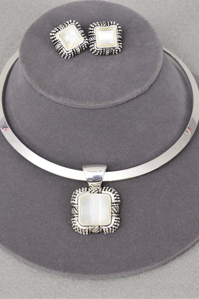 Necklace Sets Choker Cateye SQ White Post/Sets **White** 16" Wide,Post,Flexible,Display Card & OPP bag & UPC Code