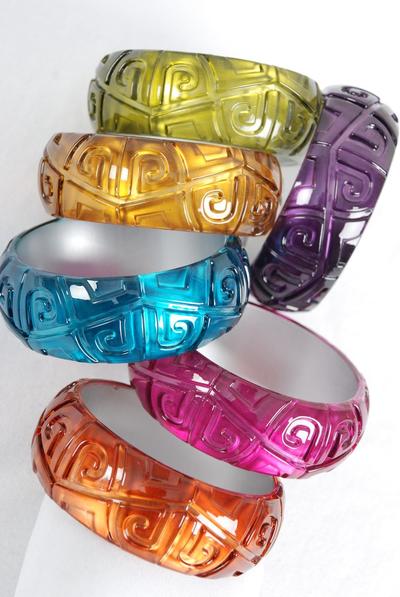 Bracelet Bangle Acrylic Cateye Carved Mirror Look / 12 pcs = Dozen Multi , Size - 2.75" x 1.25 Wide , 2 of each Color Asst , Hang tag & OPP Bag & UPC Code