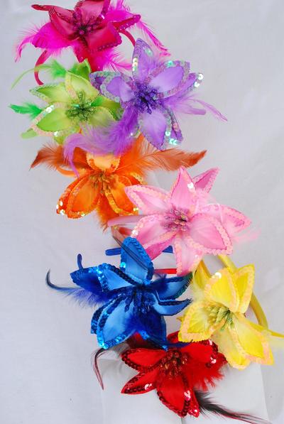 Headband Horseshoe Satin Sequin Flower Feathers Multi / 12 pcs = Dozen Flower-5" Wide , 2 Pink , 2 Red , 2 Purple , 2 Orange , 1 Lime , 1 Blue , 1 Yellow , 1 Fuchsia , 8 Color Asst , Hang tag & UPC Code , W Clear Box
