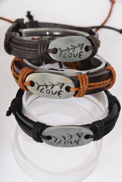 Bracelet Real Leather Love Fish Bones / 12 pcs = Dozen  Unisex , Adjustable , 4 of each Pattern Mix , Hang Tag & OPP Bag & UPC Code