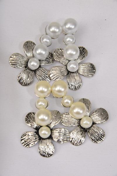 Earrings Metal Antique Silver Flower  ABS Pearl Post/DZ Size-1.5"x 0.5" Wide,6 White & 6 Cream Pearl Asst,Display Card & OPP Bag & UPC Code