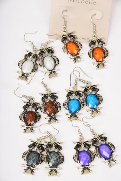 Earrings Metal Antique Owl Poly Stones Marble Look  Multi / 12 pair = Dozen match 70316 25671 Fish Hook , Owl Size - 1.25" x 0.75" Wide , 2 of each Color Asst , Earring Card & OPP Bag & UPC Code