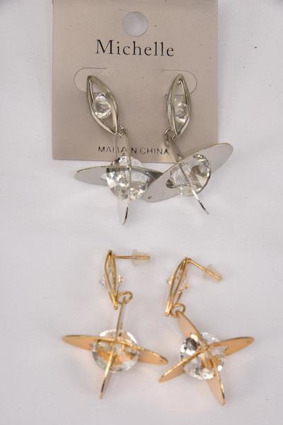 Earrings Metal Dangle Abstract Glass Crystals / 12 pair = Dozen Post , Size-2.25"x 1.25" Wide , 6 Gold & 6 Silver Mix , Earring Card & OPP Bag & UPC Code