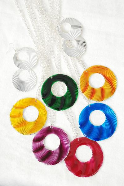 Necklace Sets 30 inch Chain Enamel Circle Pendant / 12 pcs = Dozen Pendant Size-2.5", Earring Size-1" Wide , 36'' Chain , 2 of each Color Asst , Hang tag & OPP bag & UPC Code -