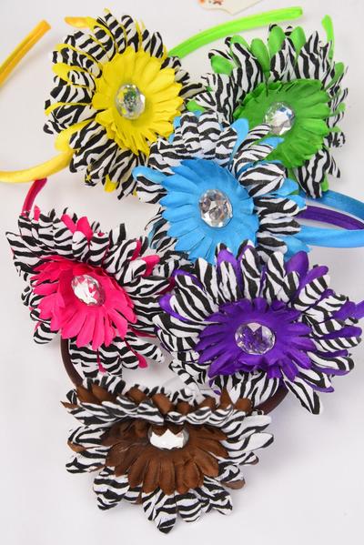 Headband Horseshoe Daisy Flower Zebra Print Multi / 12 pcs =Dozen Multi , Flower Size - 4.5" Wide , 2 Blue , 2 Brown , 2 Purple , 2 Yellow , 2 Green , 2 Fuchsia Color Asst , Hang Tag & UPC Code , W Clear Box
