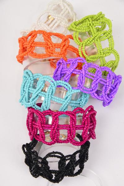 Bracelet Multi Indian Beads Hand Strung Multi / 12 pcs = Dozen  Adjustable Length , 2 Black ,2 Turquoise ,2 Fuchsia ,2 Purple ,2 White ,1 Lime ,1 Orange Color Asst , Hang Tag & OPP Bag & UPC Code